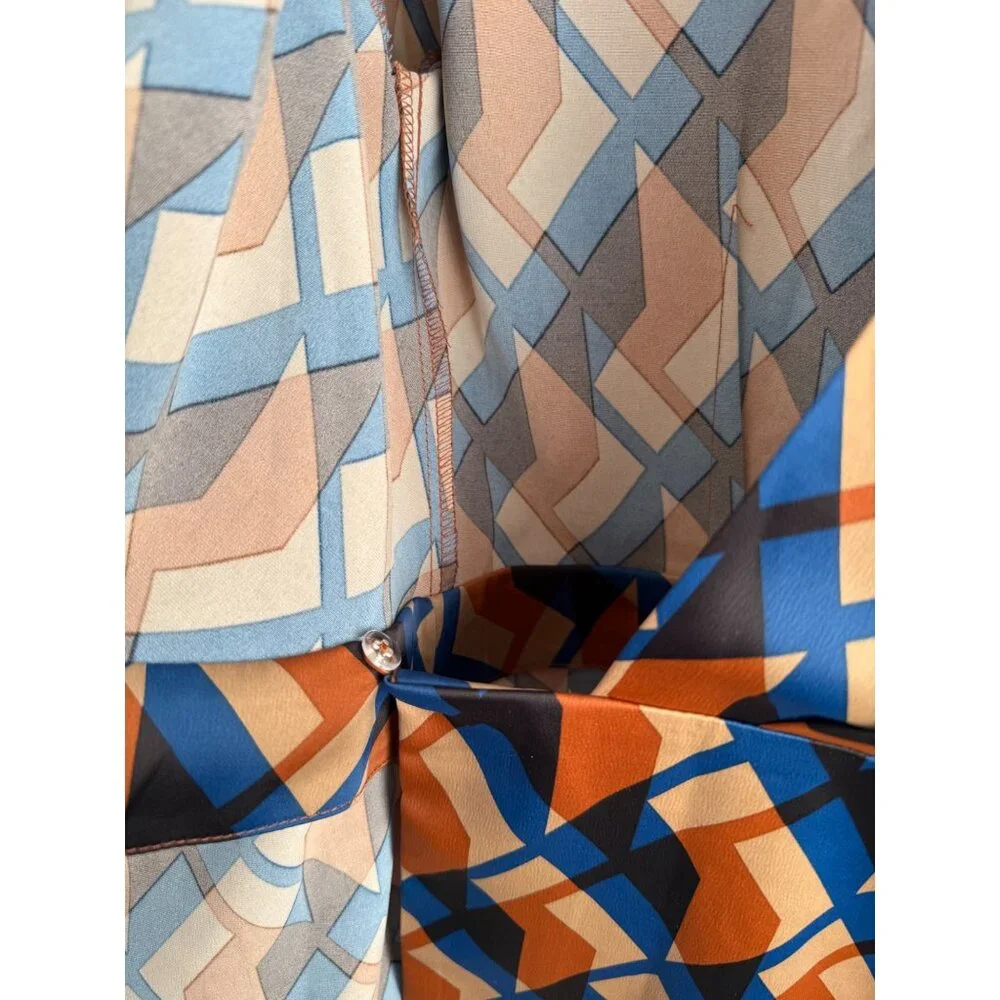 Banana Republic Blue and Orange Geometric Print Satin Wrap Dress - Picture 3 of 12